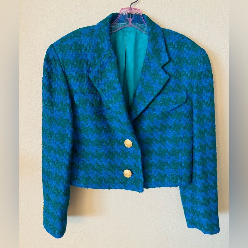 Vintage Tweed Green & Blue Suit Blazer Jacket with 2 Gold Buttons Size: Medium